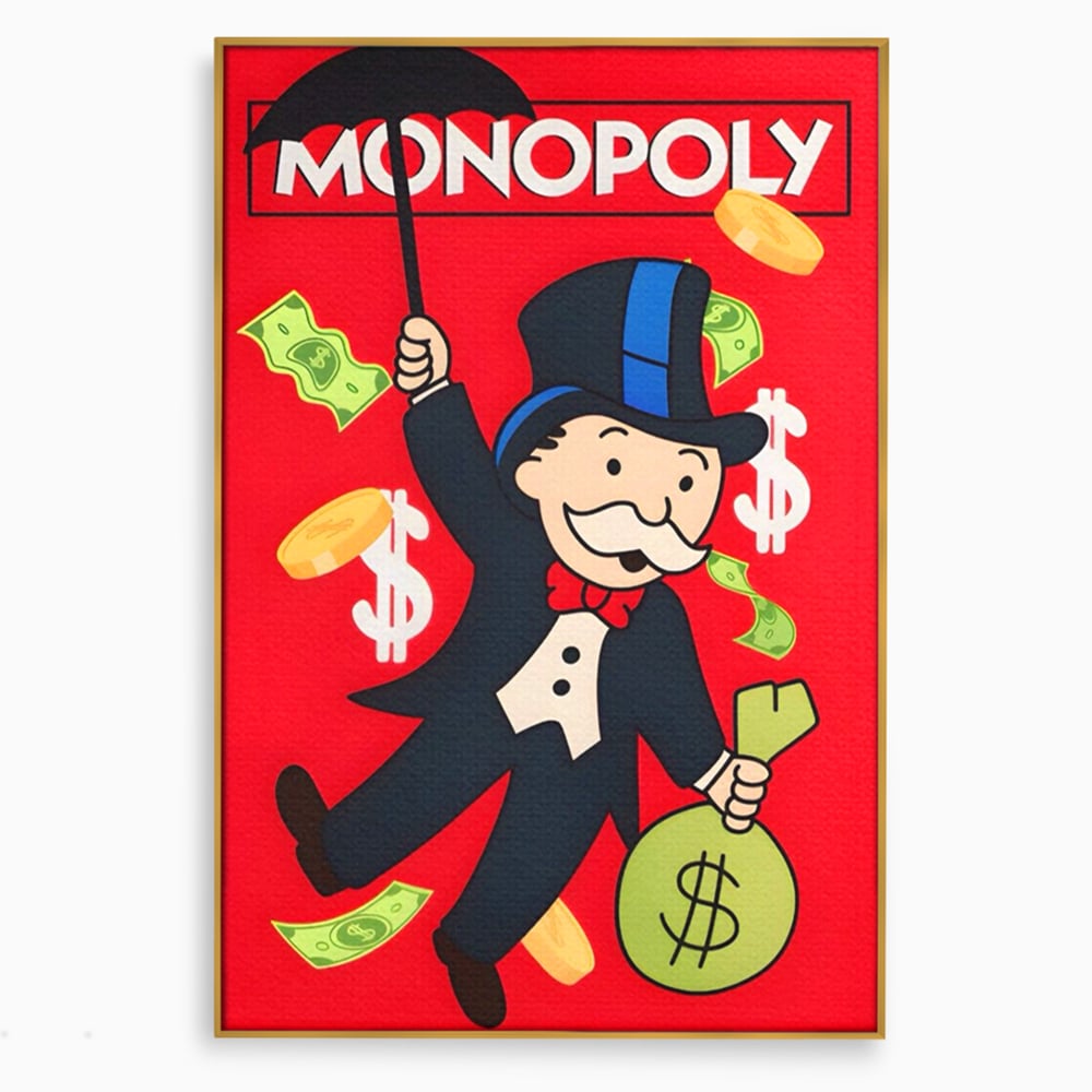 Tablou canvas cu tablou canvas cu domnul monopoly pe fond rosu, in rama de aluminiu auriu