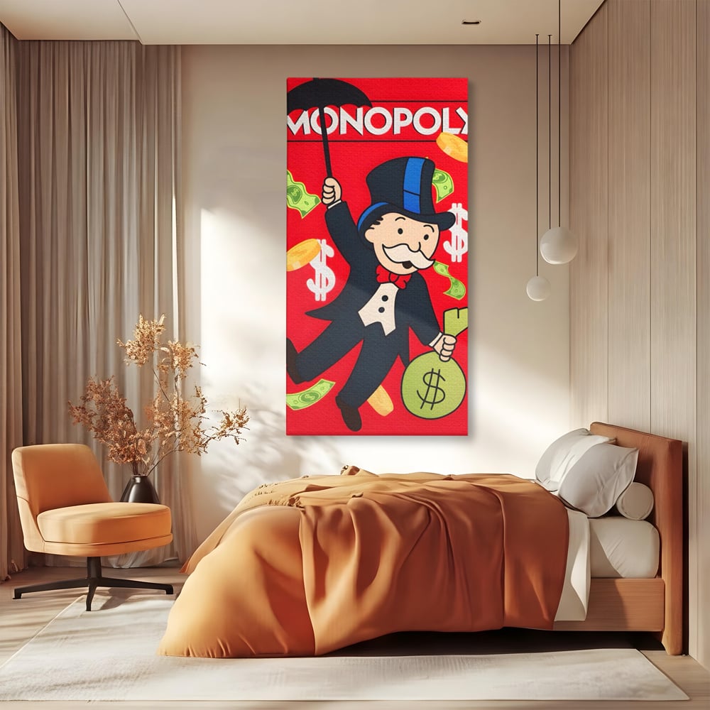 Tablou canvas cu tablou canvas cu domnul monopoly pe fond rosu, fara rama, pe sasiu de lemn, pe perete intr-un dormitor