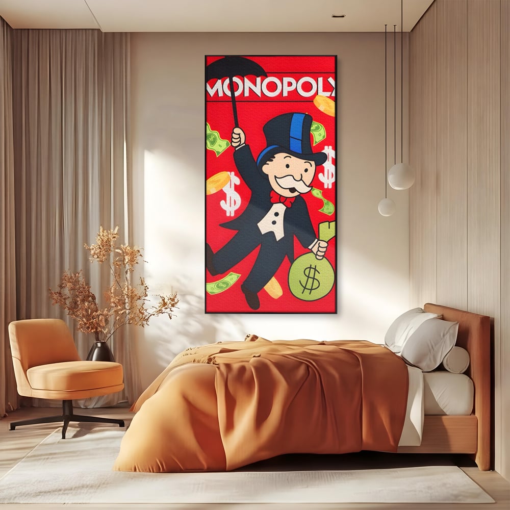 Tablou canvas cu tablou canvas cu domnul monopoly pe fond rosu, in rama de aluminiu negru, pe perete intr-un dormitor