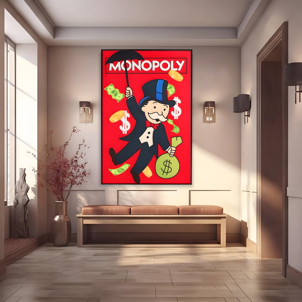 Tablou canvas cu tablou canvas cu domnul monopoly pe fond rosu, in rama de aluminiu negru