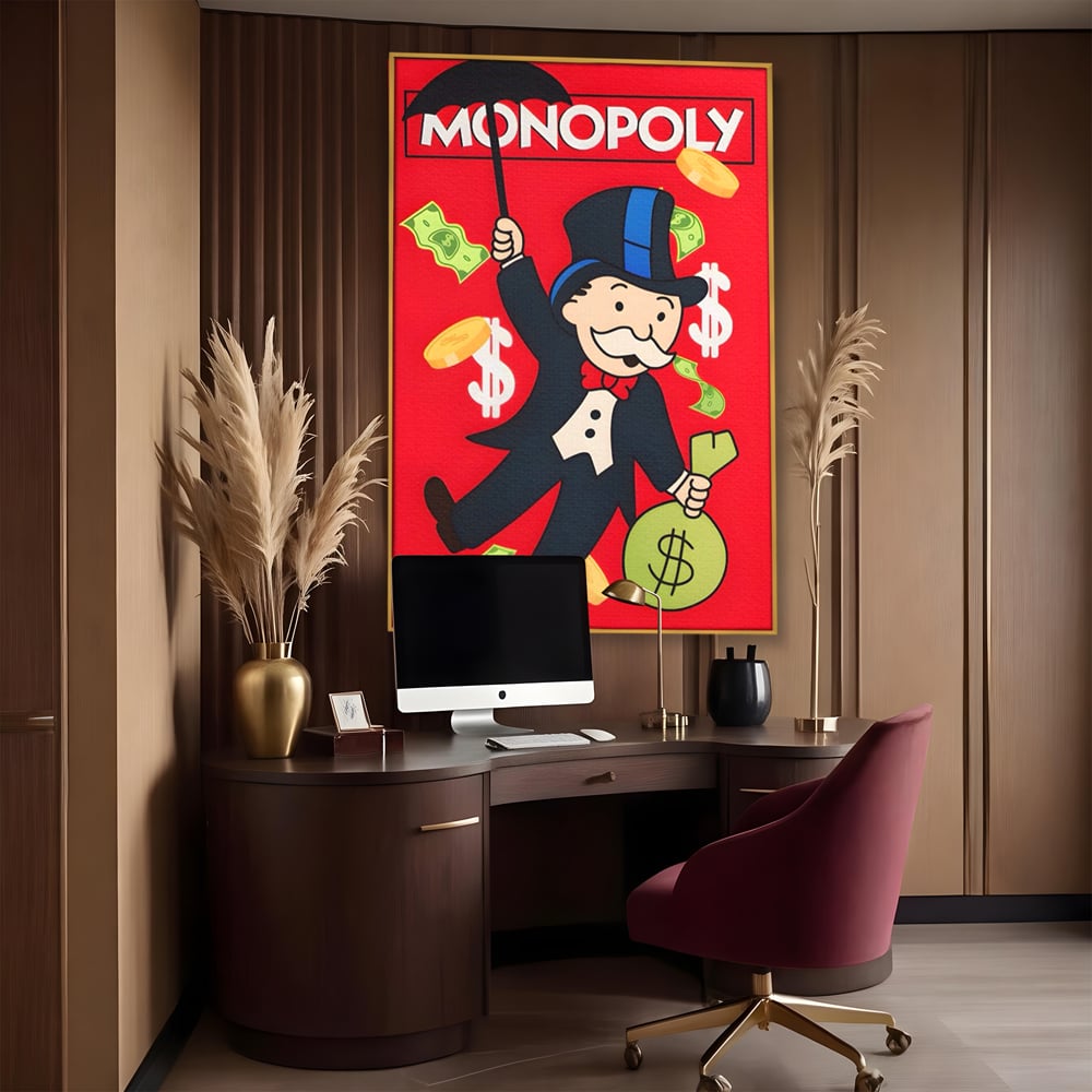 Tablou canvas cu tablou canvas cu domnul monopoly pe fond rosu, in rama de aluminiu auriu, pe perete intr-un birou
