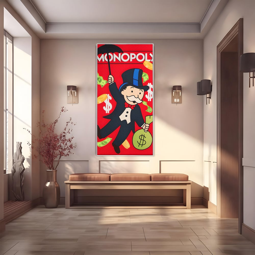 Tablou canvas cu tablou canvas cu domnul monopoly pe fond rosu, in rama de aluminiu argintiu