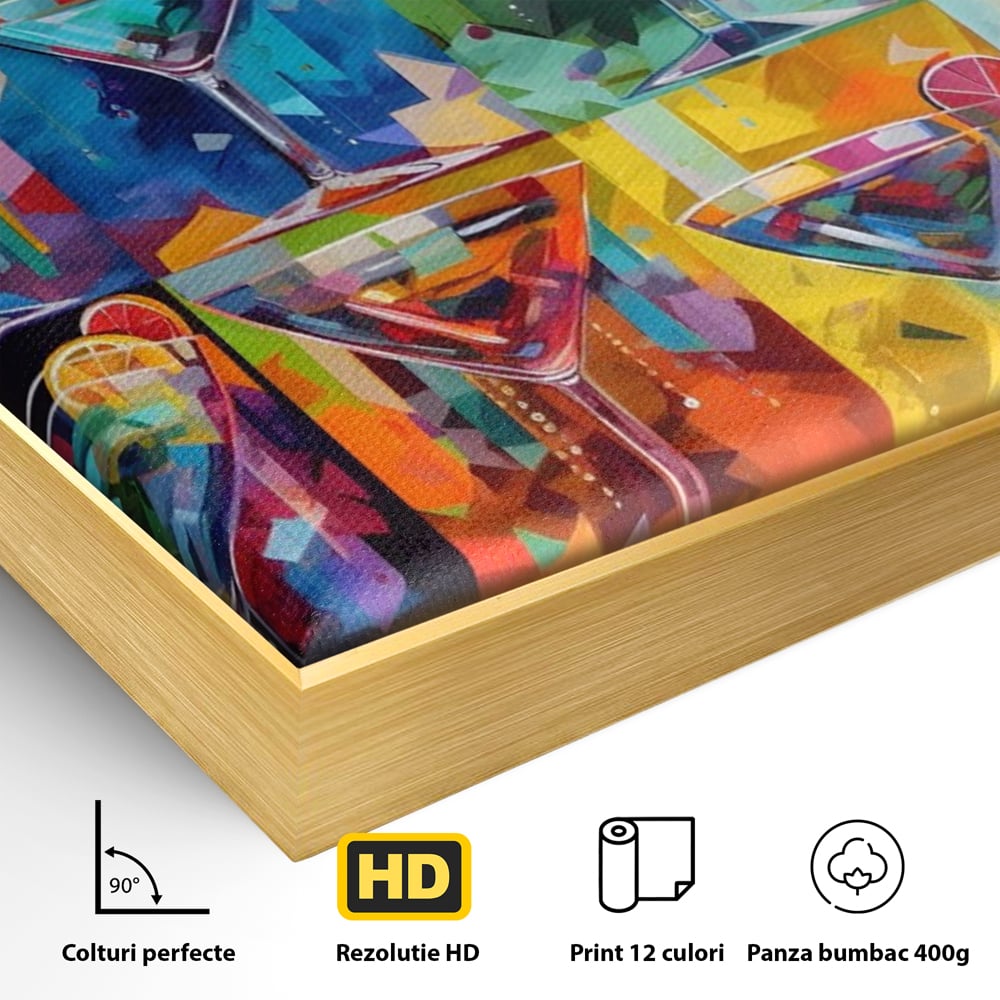 Detaliu al suprafetei: tablou canvas cu pahare de cocktail, in rama de aluminiu auriu