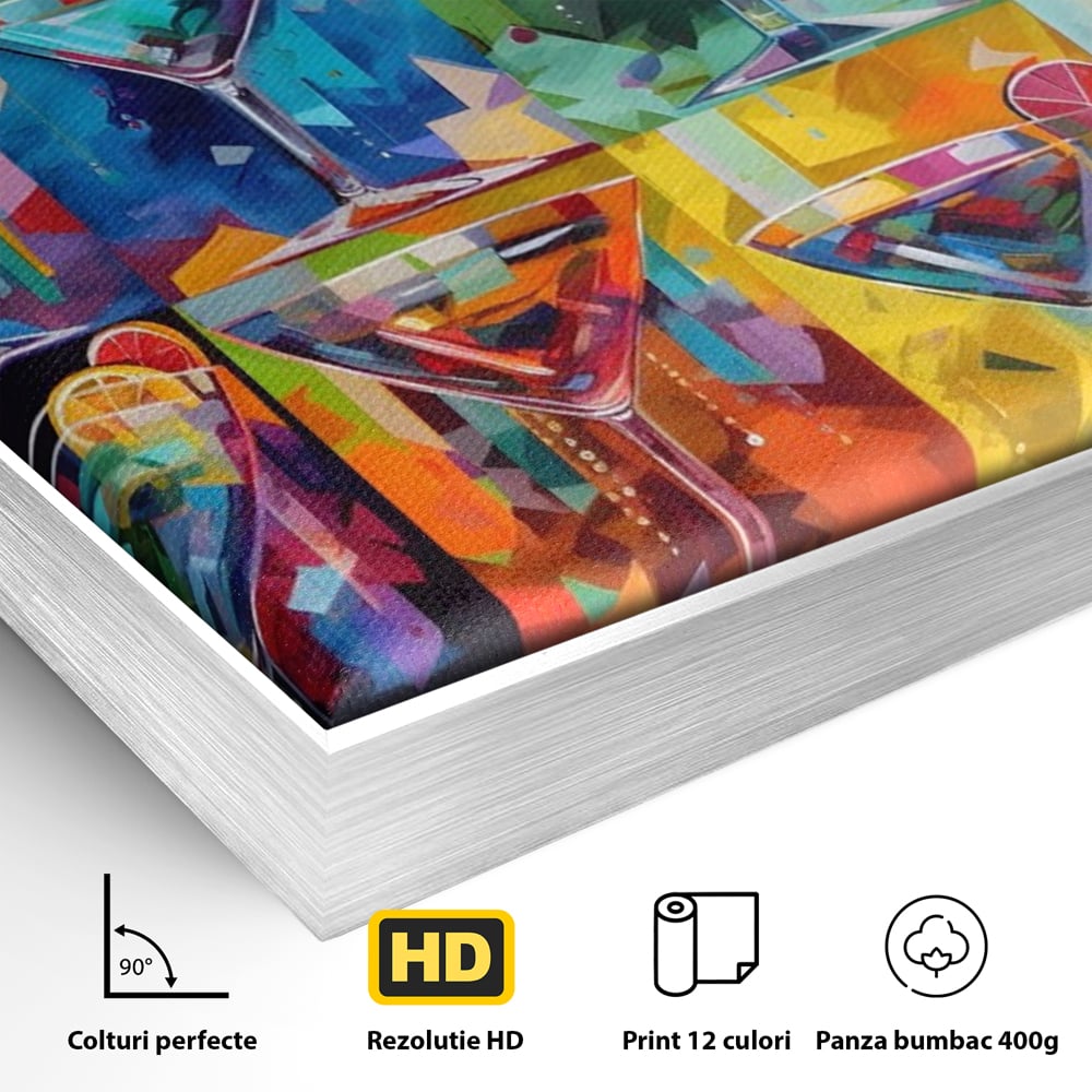 Detaliu al suprafetei: tablou canvas cu pahare de cocktail, in rama de aluminiu argintiu