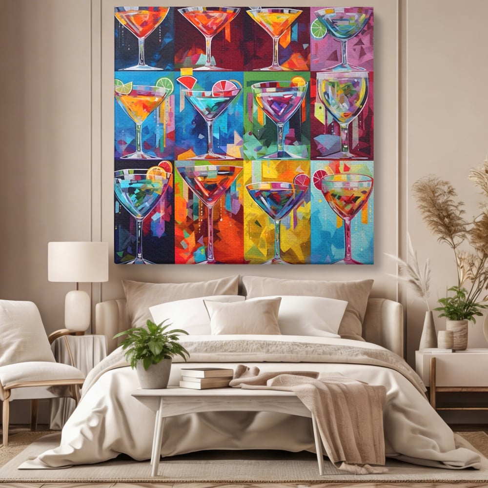 Tablou canvas cu tablou canvas cu pahare de cocktail, fara rama, pe sasiu de lemn, pe perete intr-un dormitor