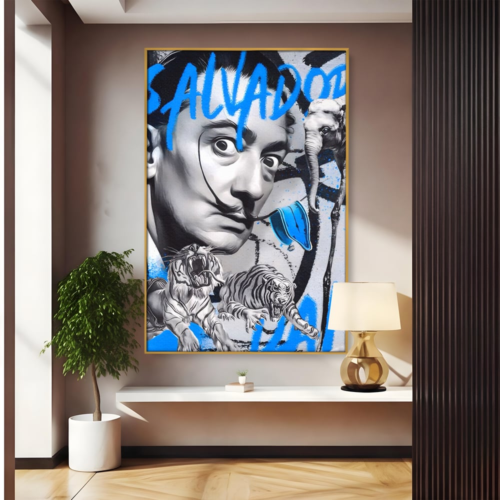 Tablou canvas cu tablou canvas cu salvador dali si tigri, in rama de aluminiu auriu