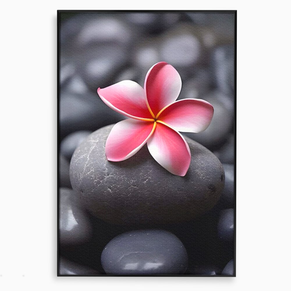 Tablou canvas cu floare roz pe pietre gri, in rama de aluminiu negru