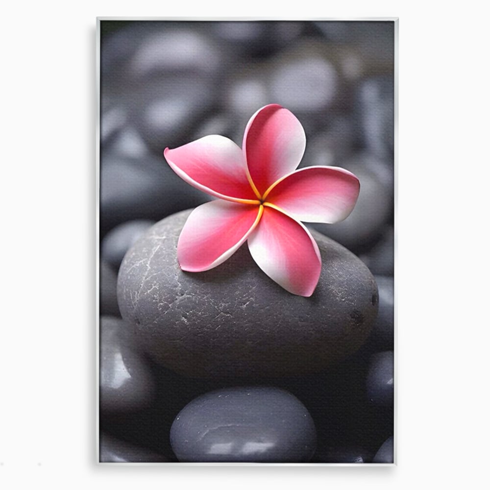 Tablou canvas cu floare roz pe pietre gri, in rama de aluminiu argintiu