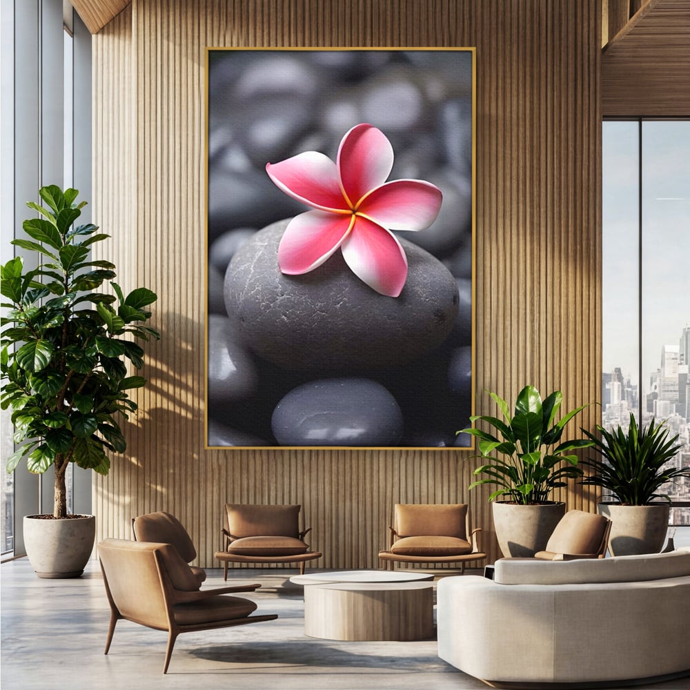 Tablou canvas cu floare roz pe pietre gri, in rama de aluminiu auriu, pe perete intr-un birou