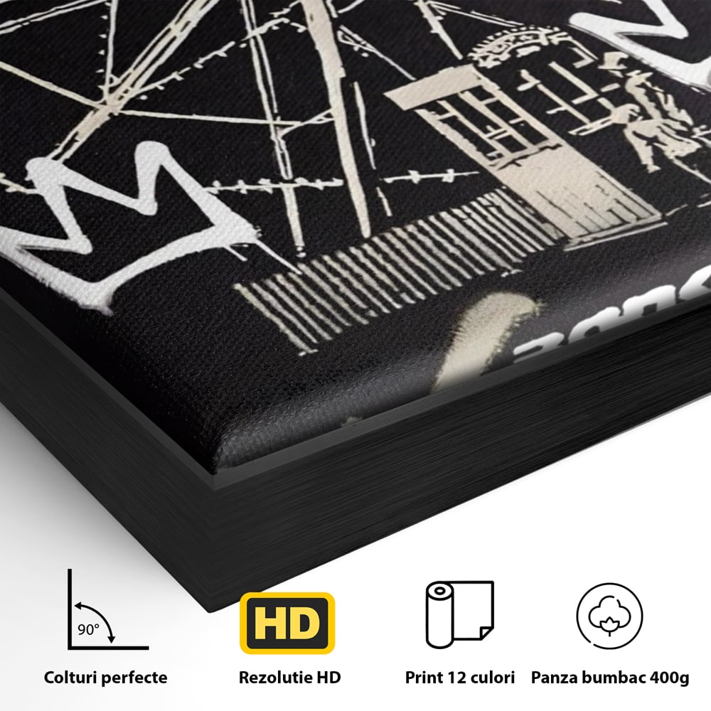 Detaliu al suprafetei: tablou canvas cu graffiti banksy si roata, in rama de aluminiu negru
