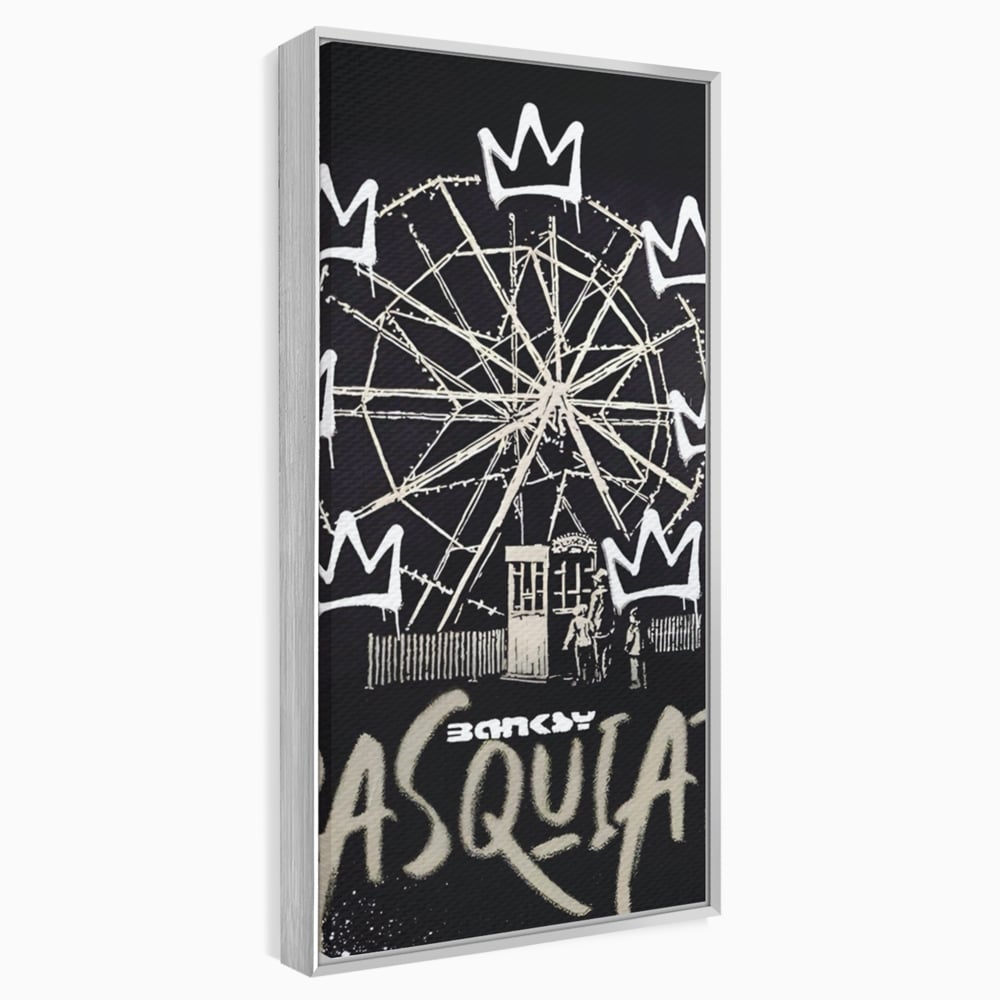Tablou canvas cu tablou canvas cu graffiti banksy si roata, in rama de aluminiu argintiu