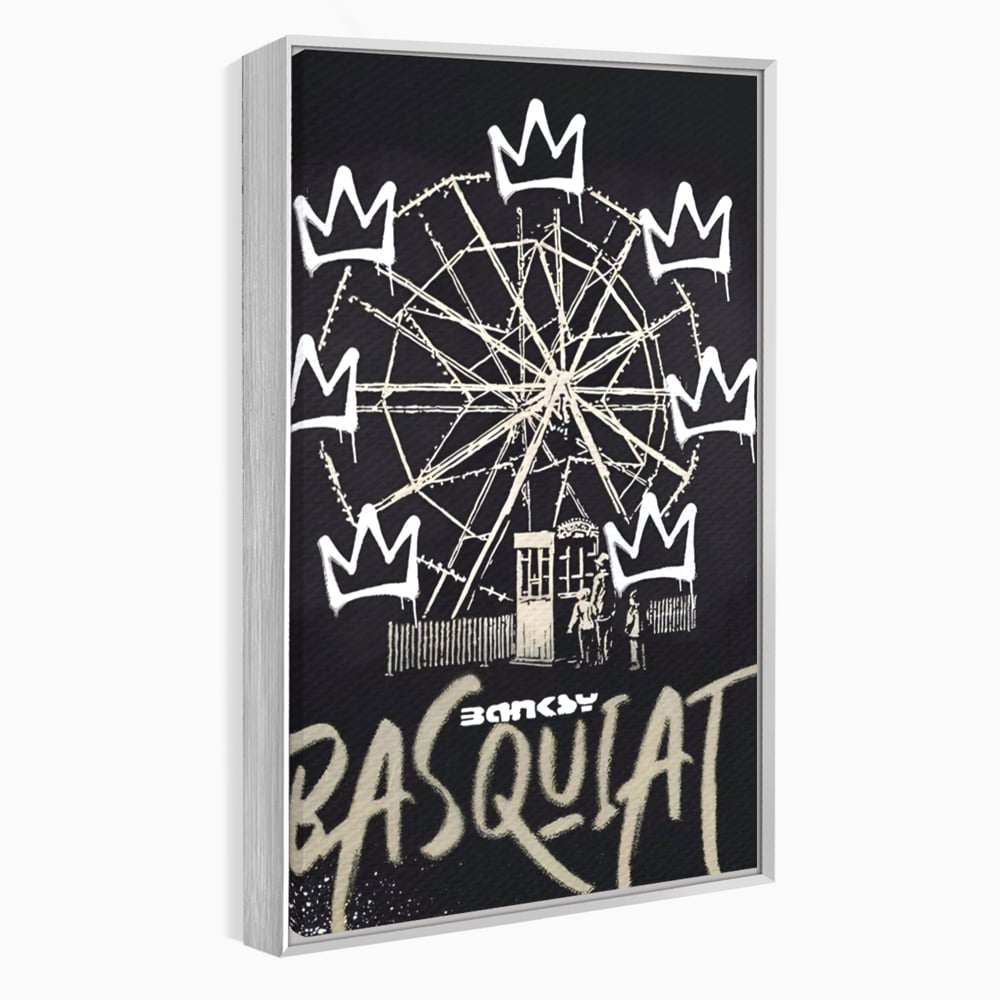 Tablou canvas cu tablou canvas cu graffiti banksy si roata, in rama de aluminiu argintiu