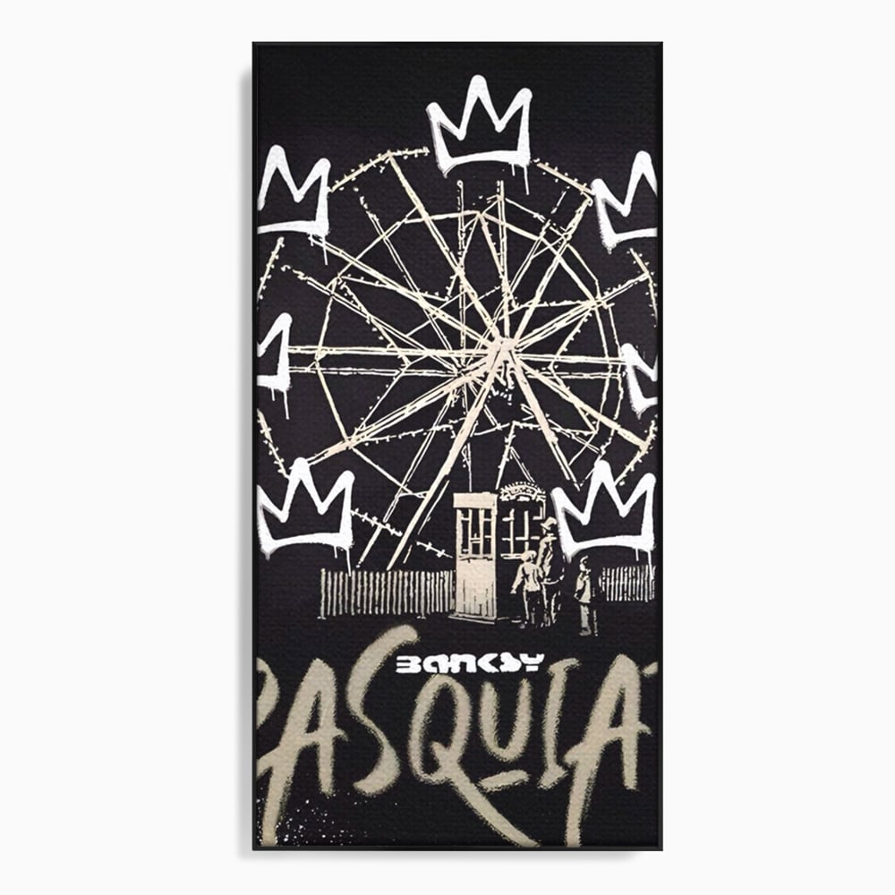 Tablou canvas cu tablou canvas cu graffiti banksy si roata, in rama de aluminiu negru