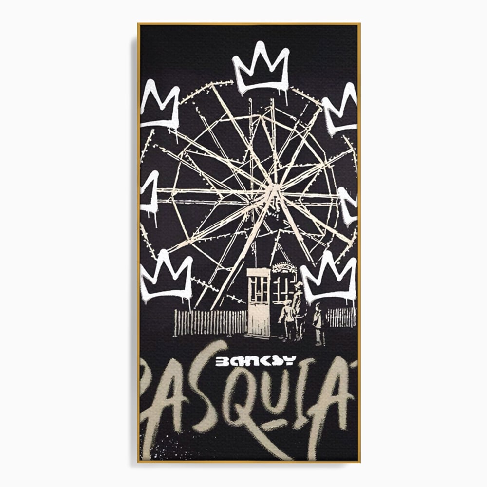 Tablou canvas cu tablou canvas cu graffiti banksy si roata, in rama de aluminiu auriu