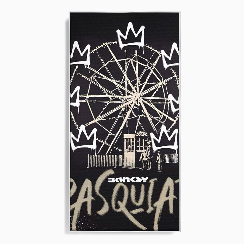 Tablou canvas cu tablou canvas cu graffiti banksy si roata, in rama de aluminiu argintiu