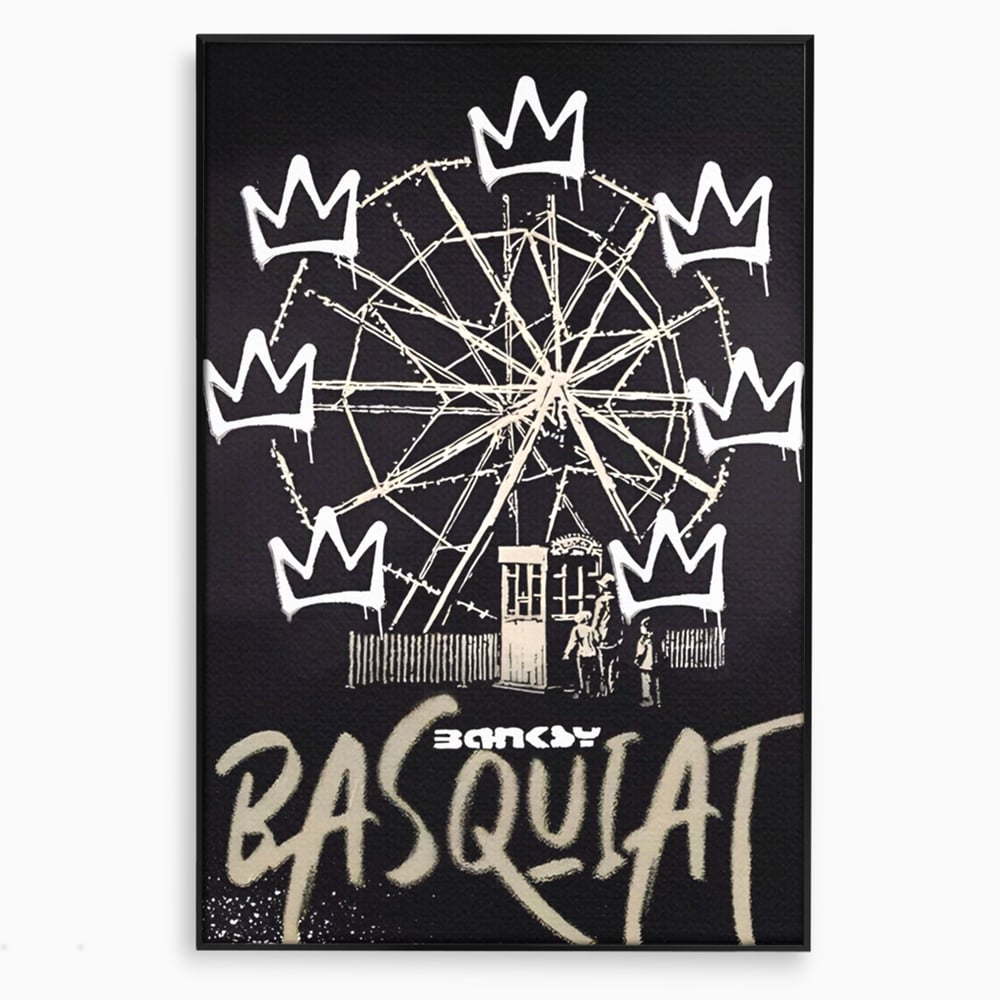 Tablou canvas cu tablou canvas cu graffiti banksy si roata, in rama de aluminiu negru