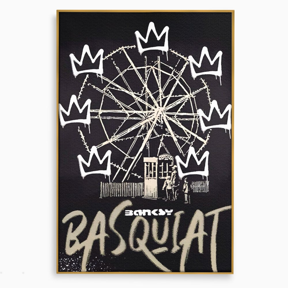 Tablou canvas cu tablou canvas cu graffiti banksy si roata, in rama de aluminiu auriu