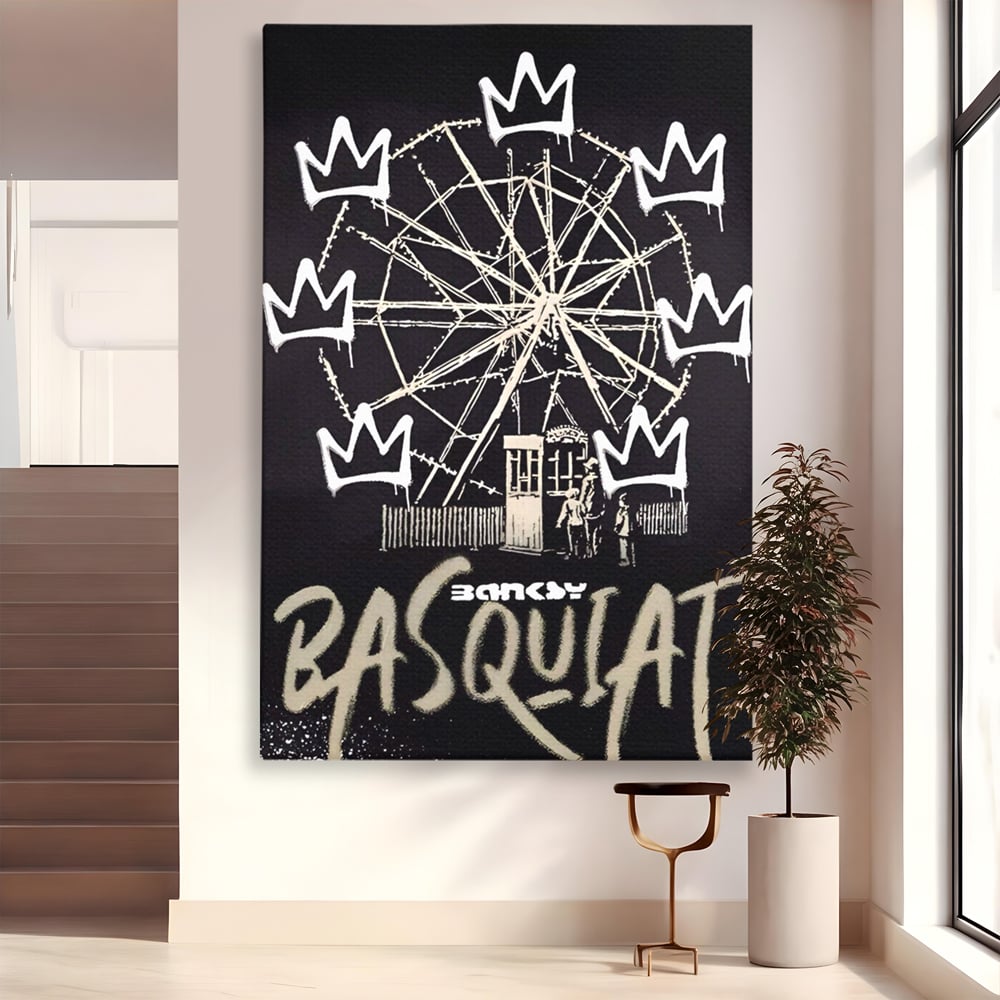 Tablou canvas cu tablou canvas cu graffiti banksy si roata, fara rama, pe sasiu de lemn