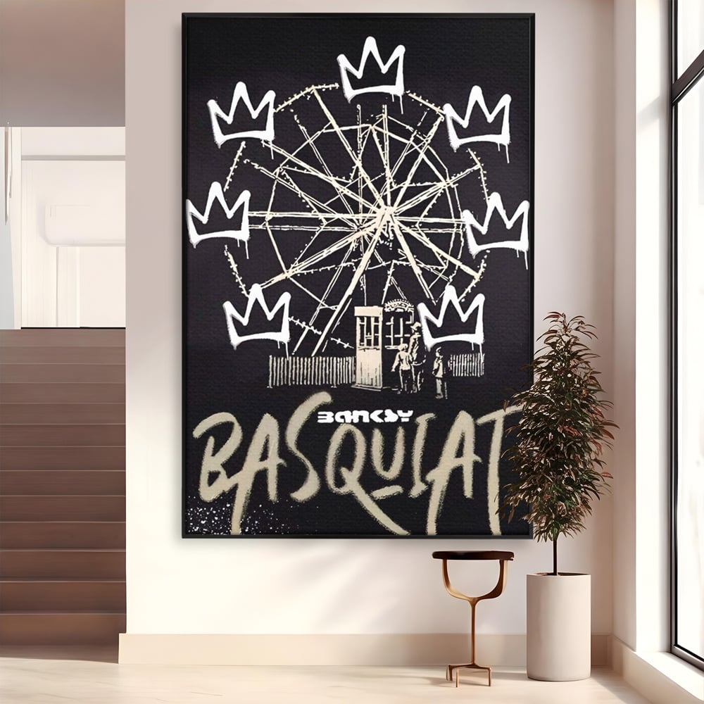 Tablou canvas cu tablou canvas cu graffiti banksy si roata, in rama de aluminiu negru