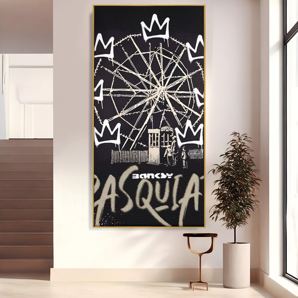 Tablou canvas cu tablou canvas cu graffiti banksy si roata, in rama de aluminiu auriu
