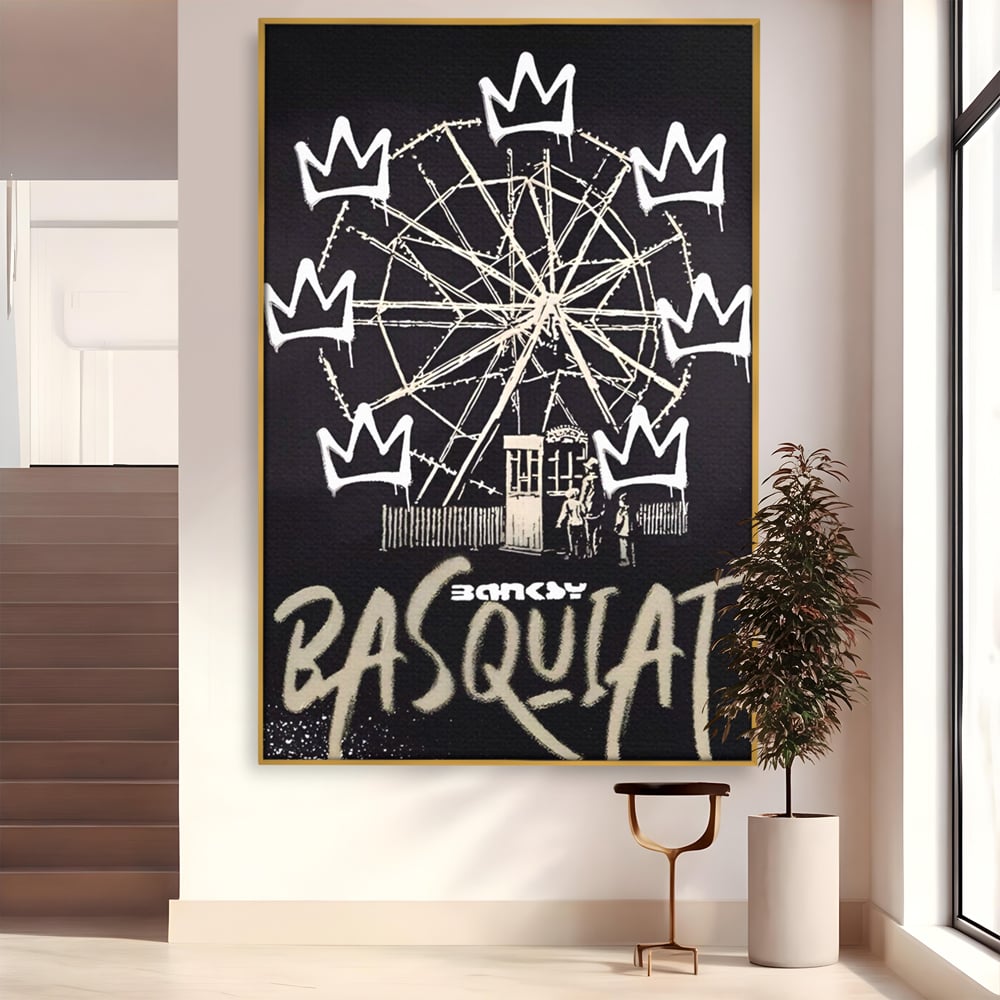 Tablou canvas cu tablou canvas cu graffiti banksy si roata, in rama de aluminiu auriu
