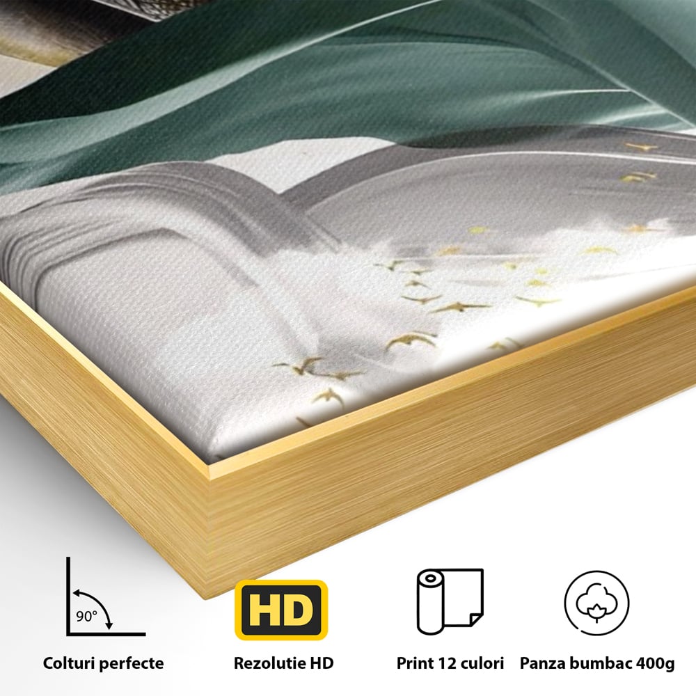 Detaliu al suprafetei: tablou vertical cu pene si frunza, in rama de aluminiu auriu