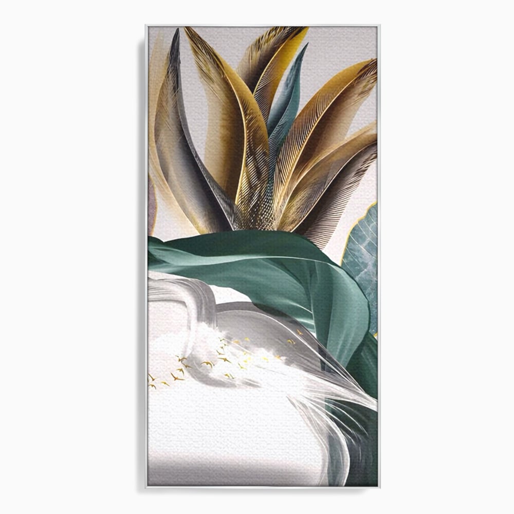 Tablou canvas cu tablou vertical cu pene si frunza, in rama de aluminiu argintiu