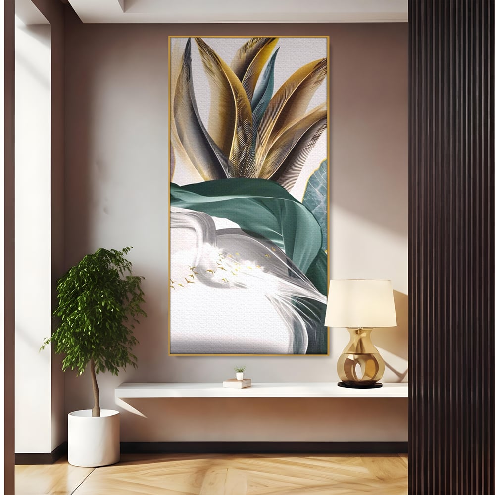 Tablou canvas cu tablou vertical cu pene si frunza, in rama de aluminiu auriu