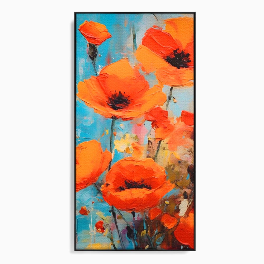 Tablou canvas cu pictura cu maci portocalii, in rama de aluminiu negru