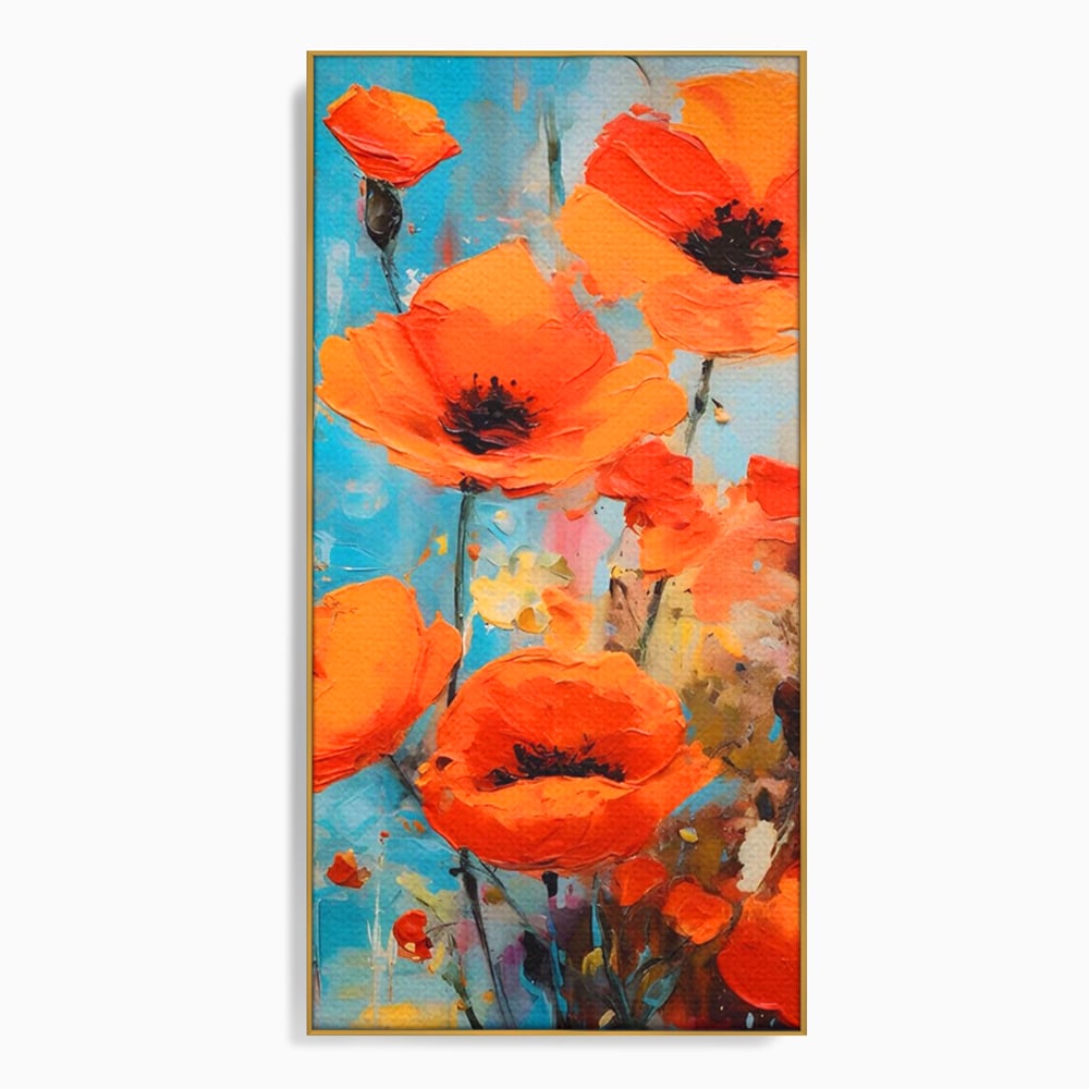 Tablou canvas cu pictura cu maci portocalii, in rama de aluminiu auriu