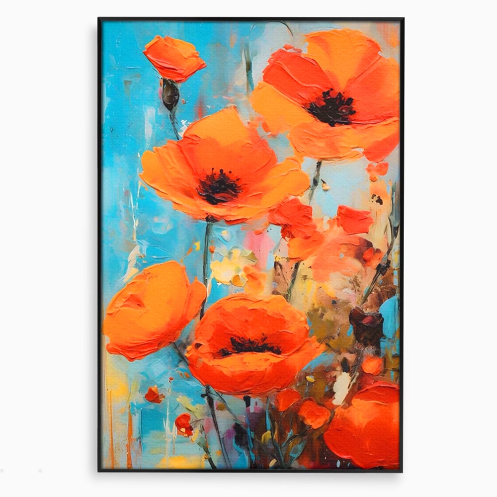 Tablou canvas cu pictura cu maci portocalii, in rama de aluminiu negru