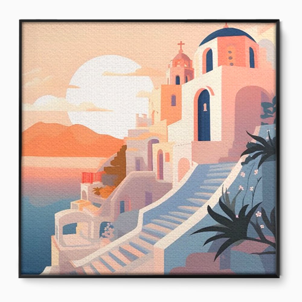 Tablou canvas cu ilustratie digitala cu biserica greceasca la apus, in rama de aluminiu negru