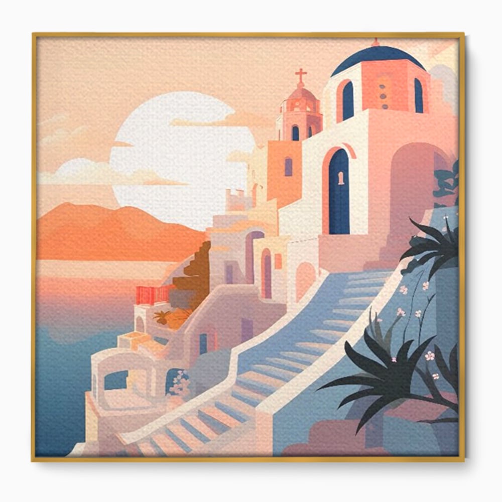 Tablou canvas cu ilustratie digitala cu biserica greceasca la apus, in rama de aluminiu auriu