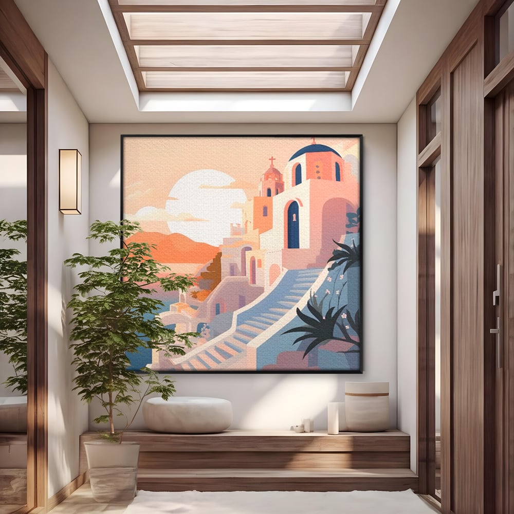 Tablou canvas cu ilustratie digitala cu biserica greceasca la apus, in rama de aluminiu negru