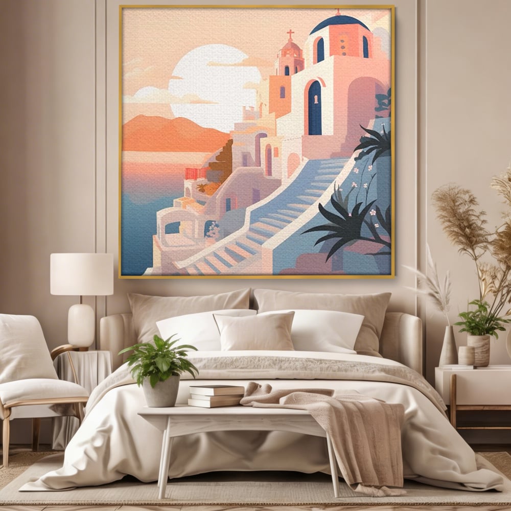 Tablou canvas cu ilustratie digitala cu biserica greceasca la apus, in rama de aluminiu auriu, pe perete intr-un dormitor