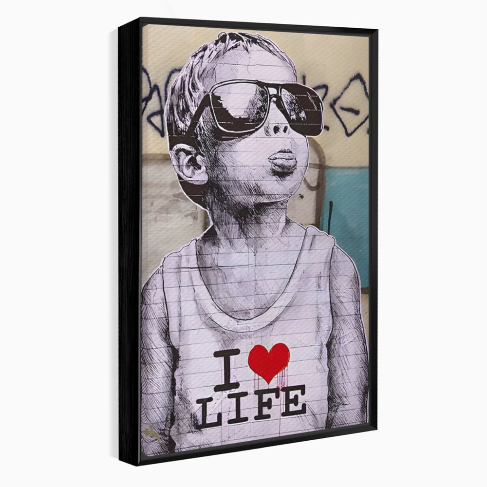 Tablou canvas cu tablou portret copil cu ochelari si inima, in rama de aluminiu negru