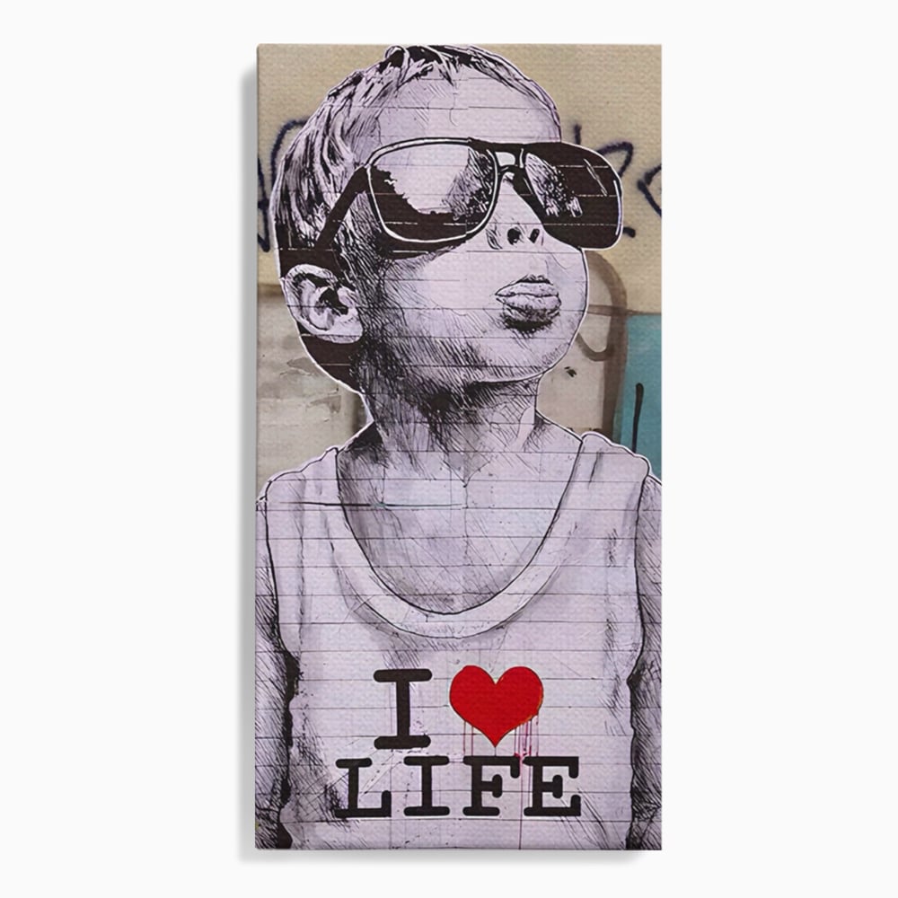 Tablou canvas cu tablou portret copil cu ochelari si inima, fara rama, pe sasiu de lemn