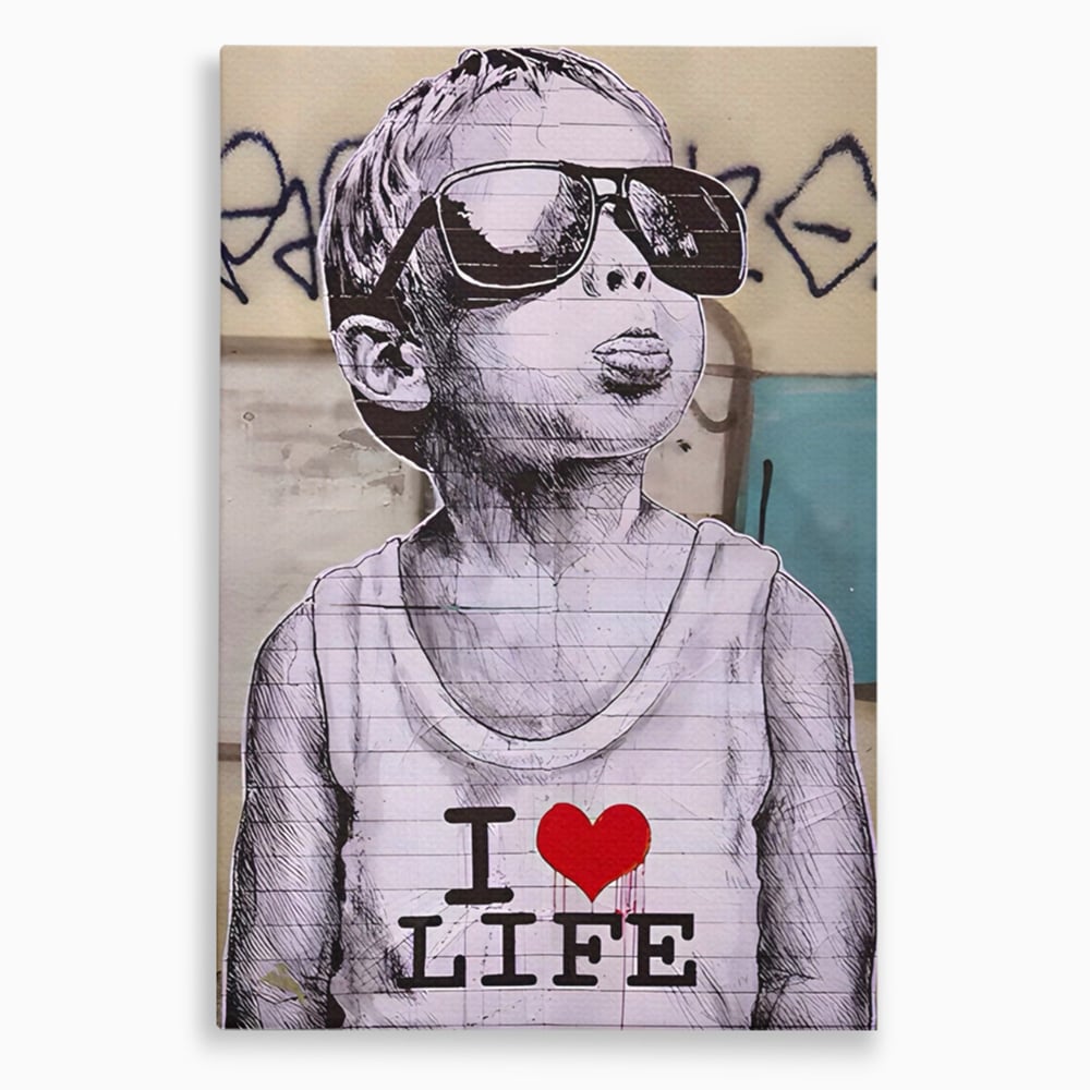 Tablou canvas cu tablou portret copil cu ochelari si inima, fara rama, pe sasiu de lemn