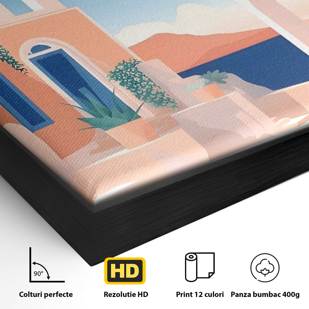 Detaliu al suprafetei: ilustratie digitala cu arhitectura mediteraneana, in rama de aluminiu negru