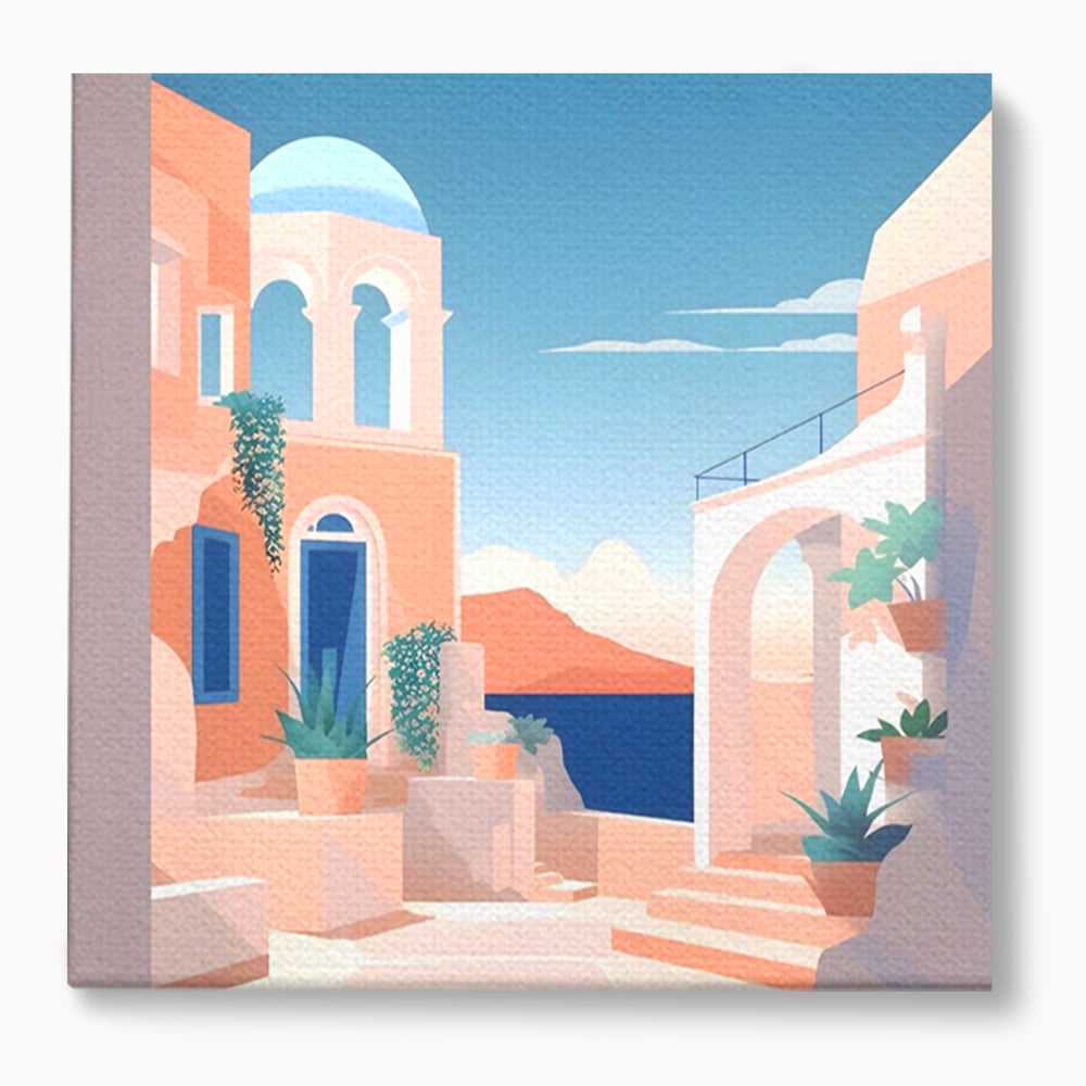 Tablou canvas cu ilustratie digitala cu arhitectura mediteraneana, fara rama, pe sasiu de lemn