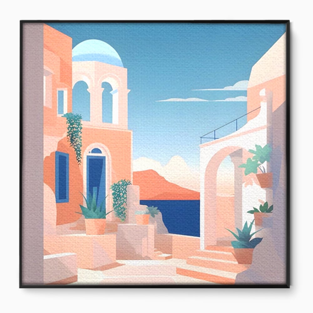 Tablou canvas cu ilustratie digitala cu arhitectura mediteraneana, in rama de aluminiu negru