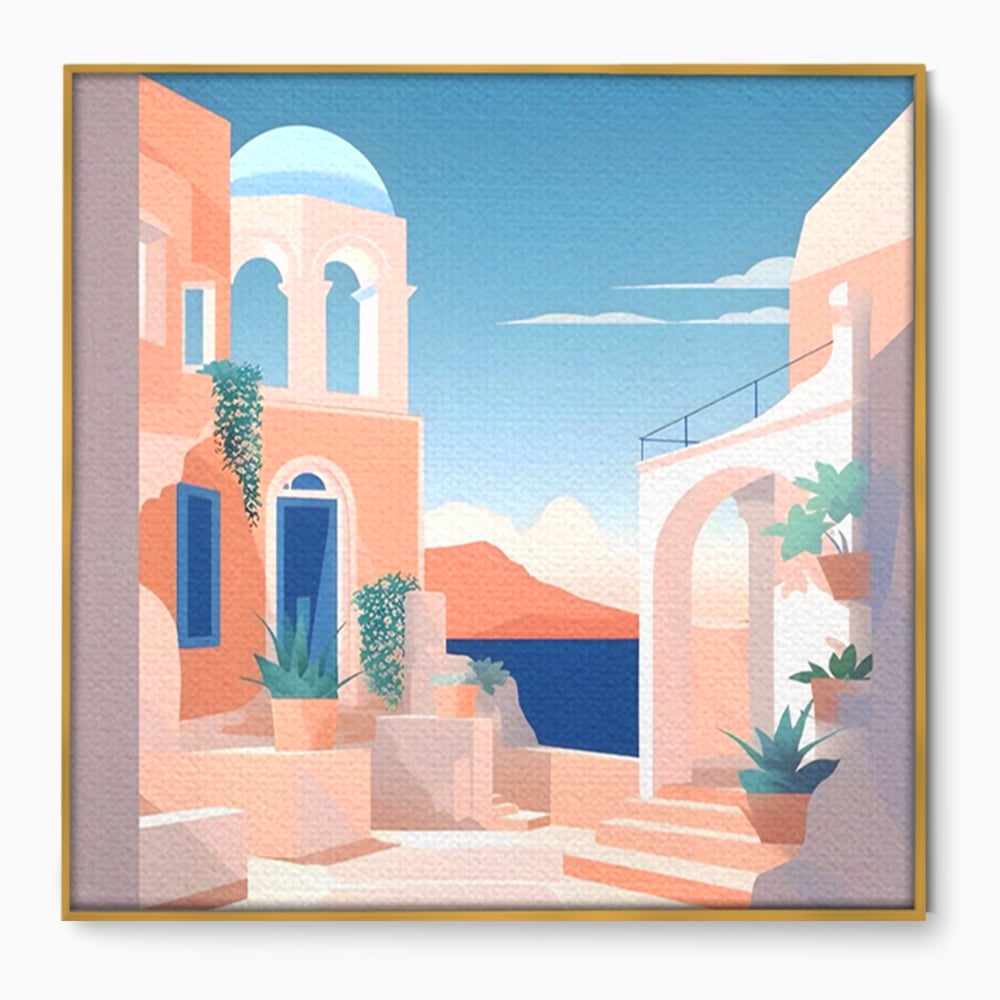 Tablou canvas cu ilustratie digitala cu arhitectura mediteraneana, in rama de aluminiu auriu