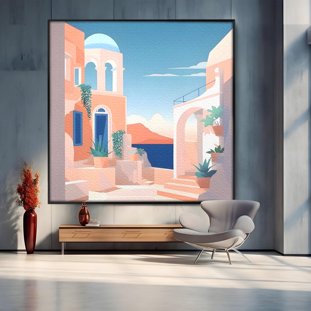 Tablou canvas cu ilustratie digitala cu arhitectura mediteraneana, in rama de aluminiu negru