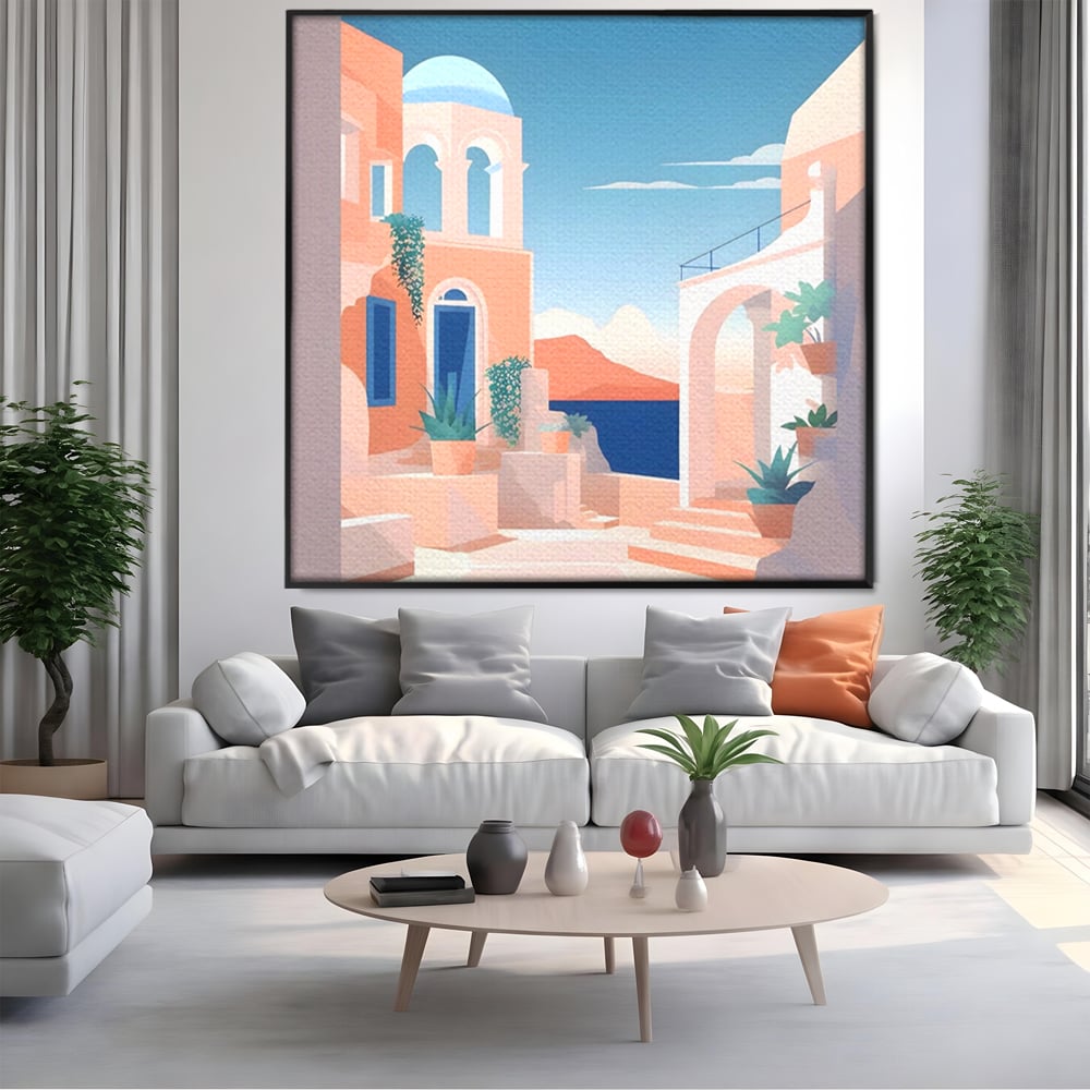 Tablou canvas cu ilustratie digitala cu arhitectura mediteraneana, in rama de aluminiu negru, pe perete intr-un living