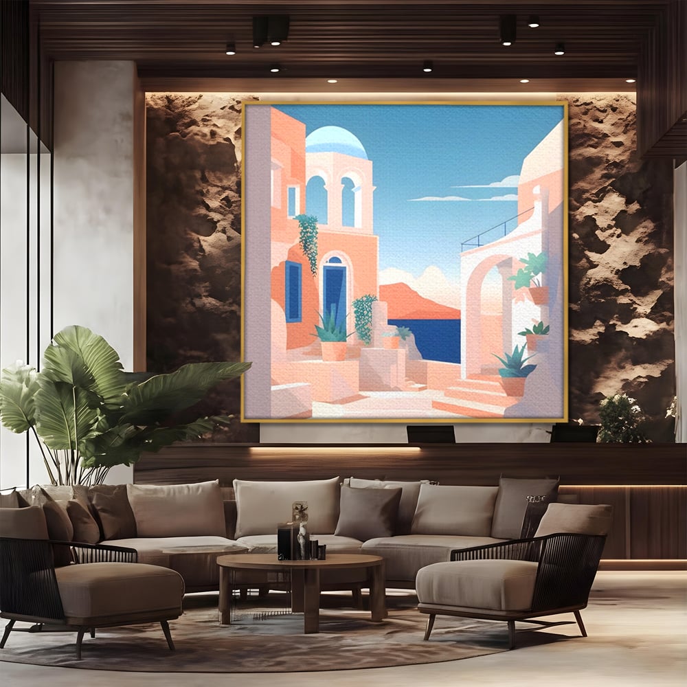 Tablou canvas cu ilustratie digitala cu arhitectura mediteraneana, in rama de aluminiu auriu, pe perete intr-un birou