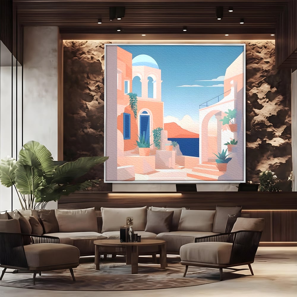 Tablou canvas cu ilustratie digitala cu arhitectura mediteraneana, in rama de aluminiu argintiu, pe perete intr-un birou