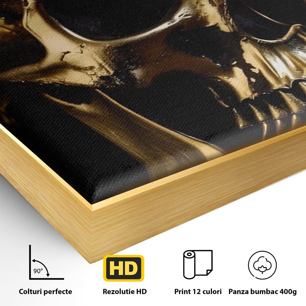 Detaliu al suprafetei: tablou canvas cu craniu auriu, in rama de aluminiu auriu