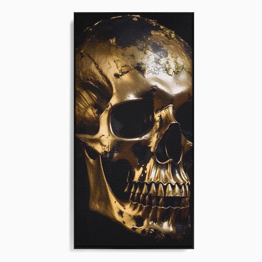 Tablou canvas cu tablou canvas cu craniu auriu, in rama de aluminiu negru