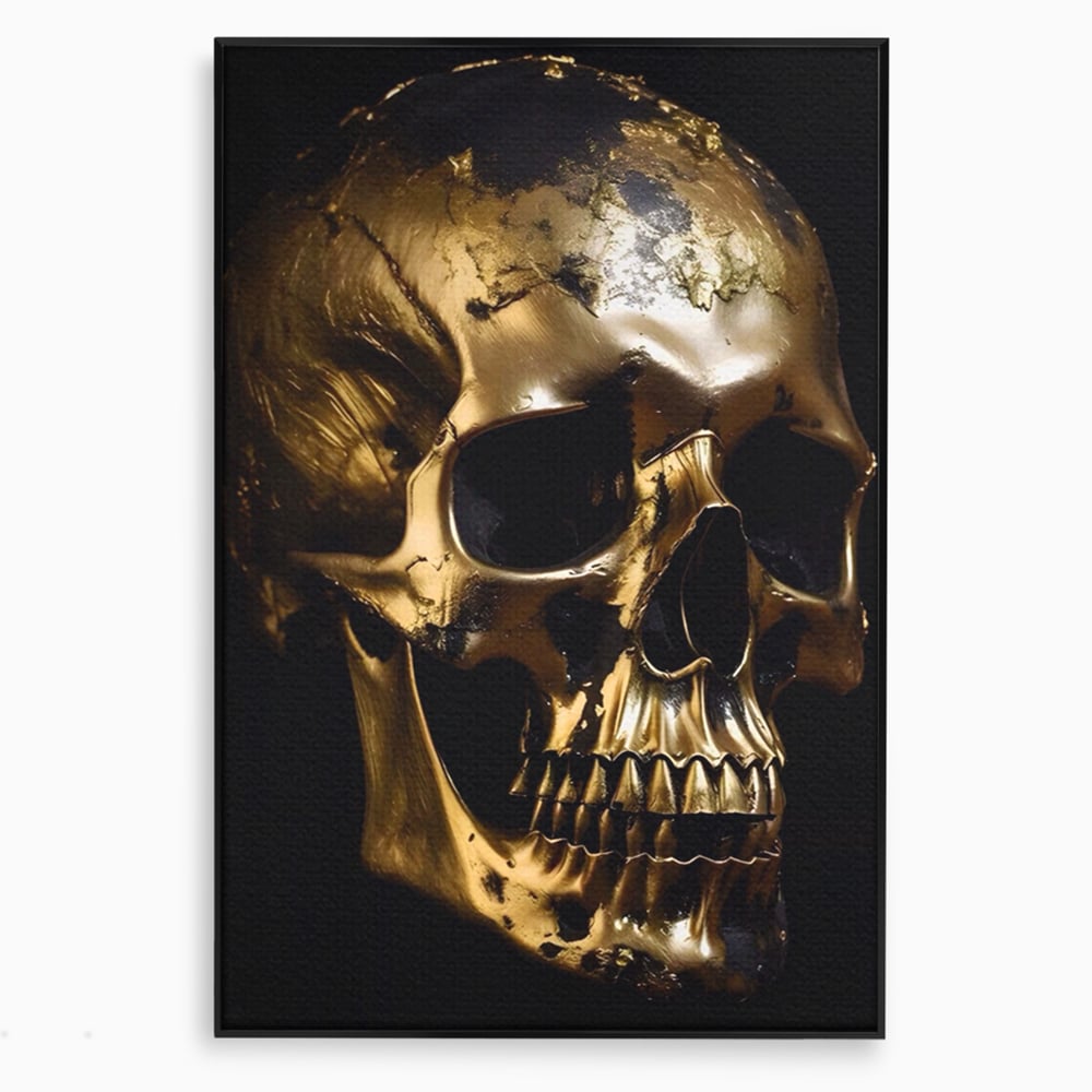 Tablou canvas cu tablou canvas cu craniu auriu, in rama de aluminiu negru