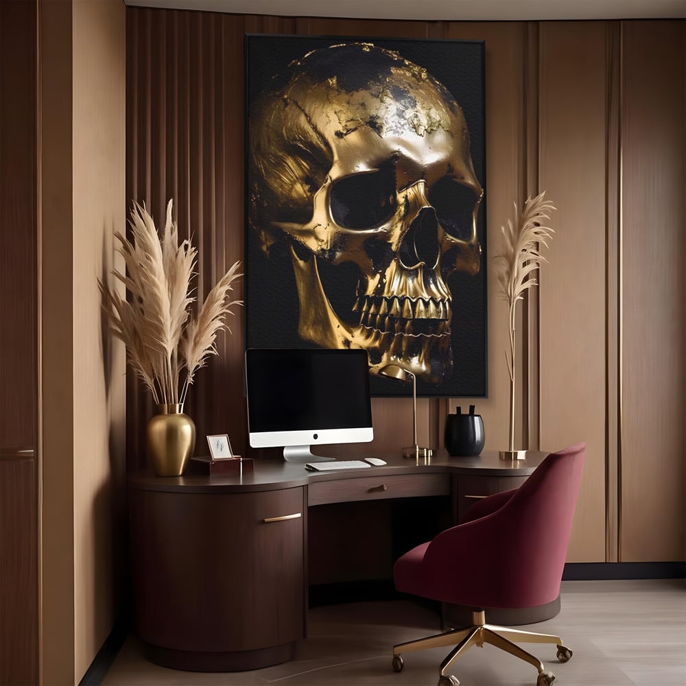 Tablou canvas cu tablou canvas cu craniu auriu, in rama de aluminiu negru, pe perete intr-un birou
